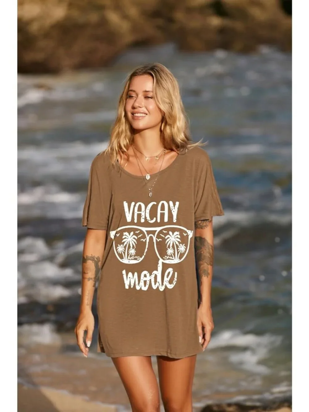 Women's Brown Coconut Tree Sleeve Cover Ups for Beach Bathing Suit Swimwear